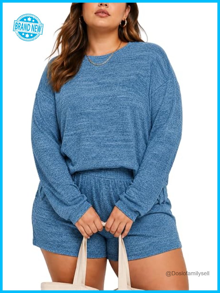 Plus Size Long Sleeve Top And Shorts Pajama Set Lounge Set With Pockets 2 Piece